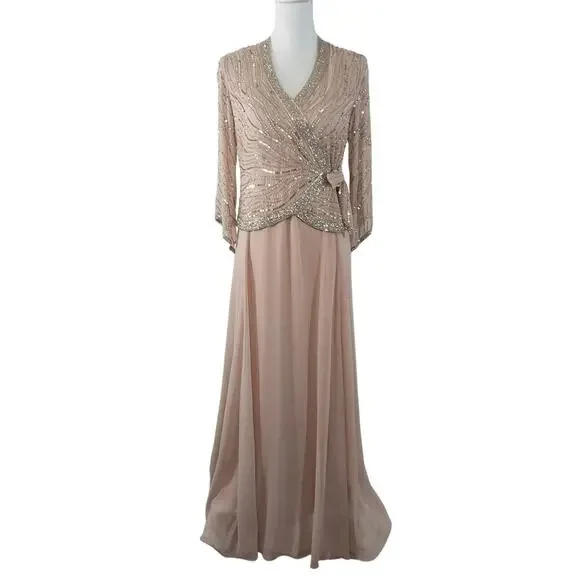 NWT@$280! JKARA! CHAMPAGNE BEIGE & ELABORATE SILBER BEADING FULL LGTH GOWN!  SZ 6